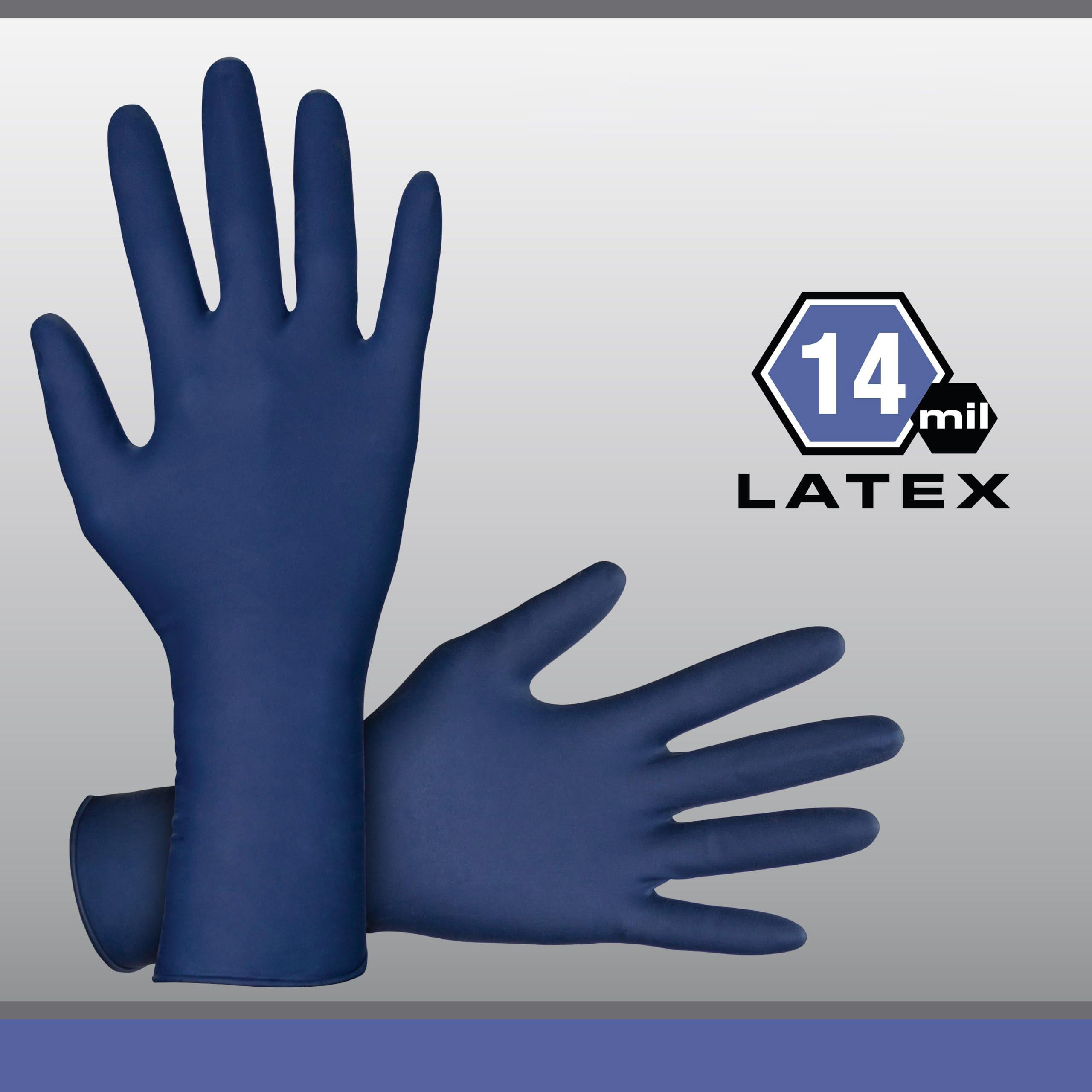 Powder-Free Exam Grade Latex Disposable Gloves. Size Medium. Blue, 14 mil Thickness, 12" Length. Fully Textured for Superior Grip. Single Use. Pack of 50