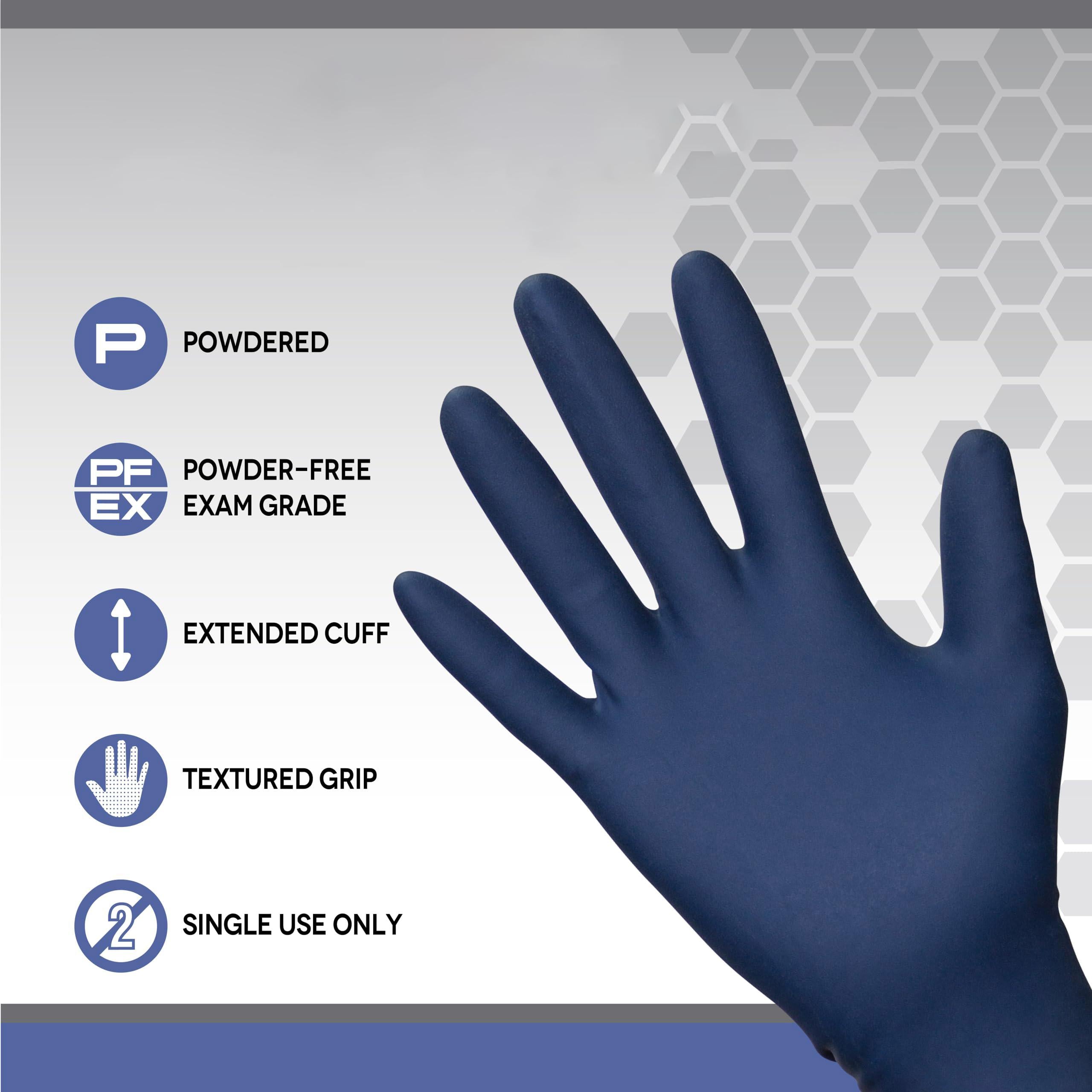Powder-Free Exam Grade Latex Disposable Gloves. Size Medium. Blue, 14 mil Thickness, 12" Length. Fully Textured for Superior Grip. Single Use. Pack of 50